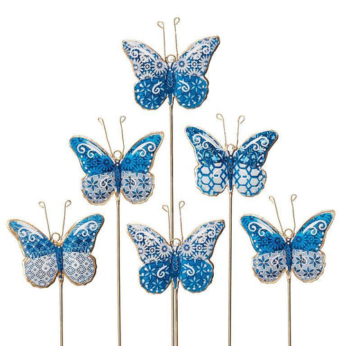Butterfly Plant Stakes in blue and white with gold finish. 