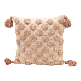 18" Cotton Pillow with Tufted Dots & Tassels, Down Fill