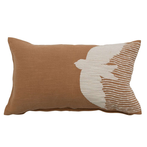 Cotton Lumbar Pillow with Embroidery & Bird