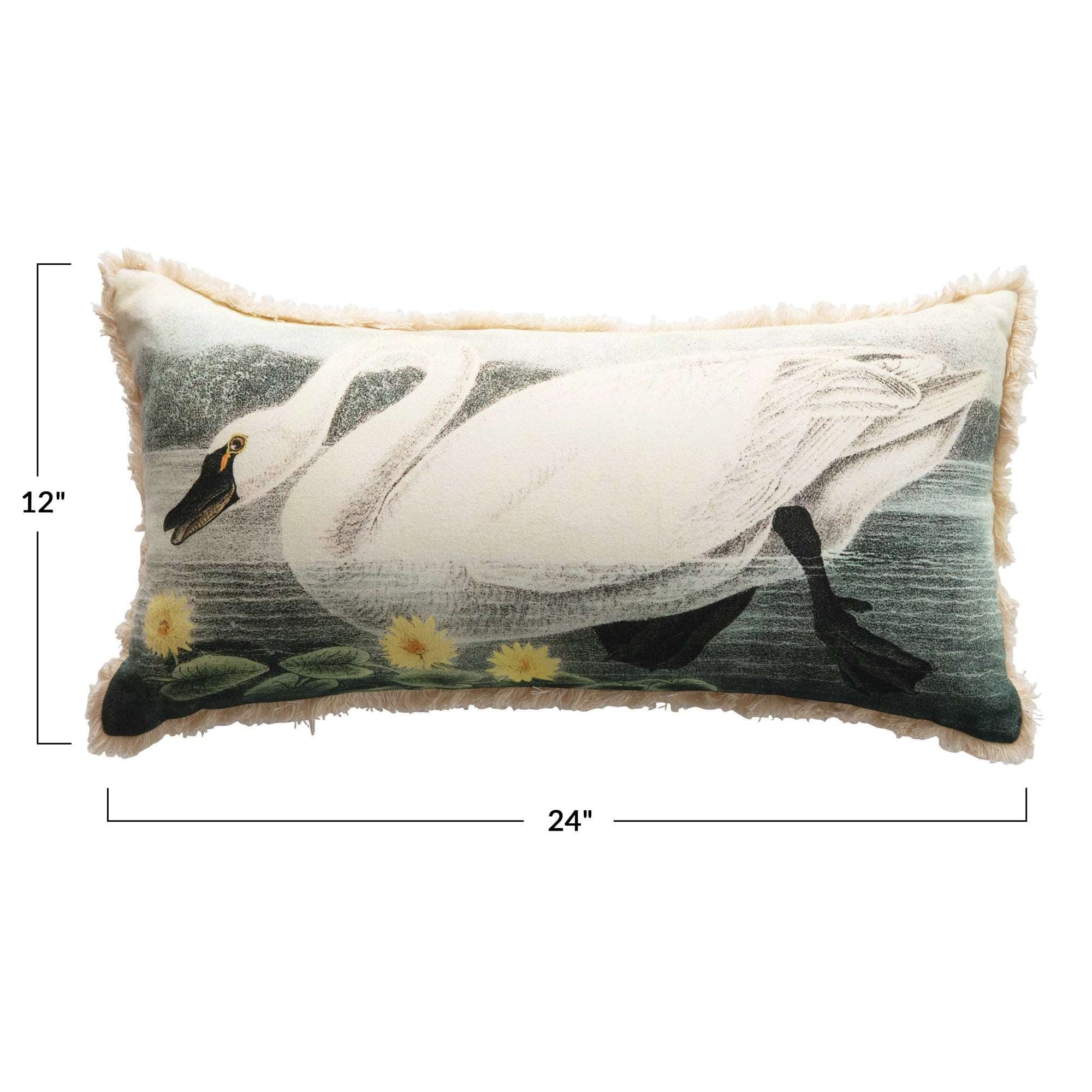 Cotton Lumbar Pillow with Swan & Flowers