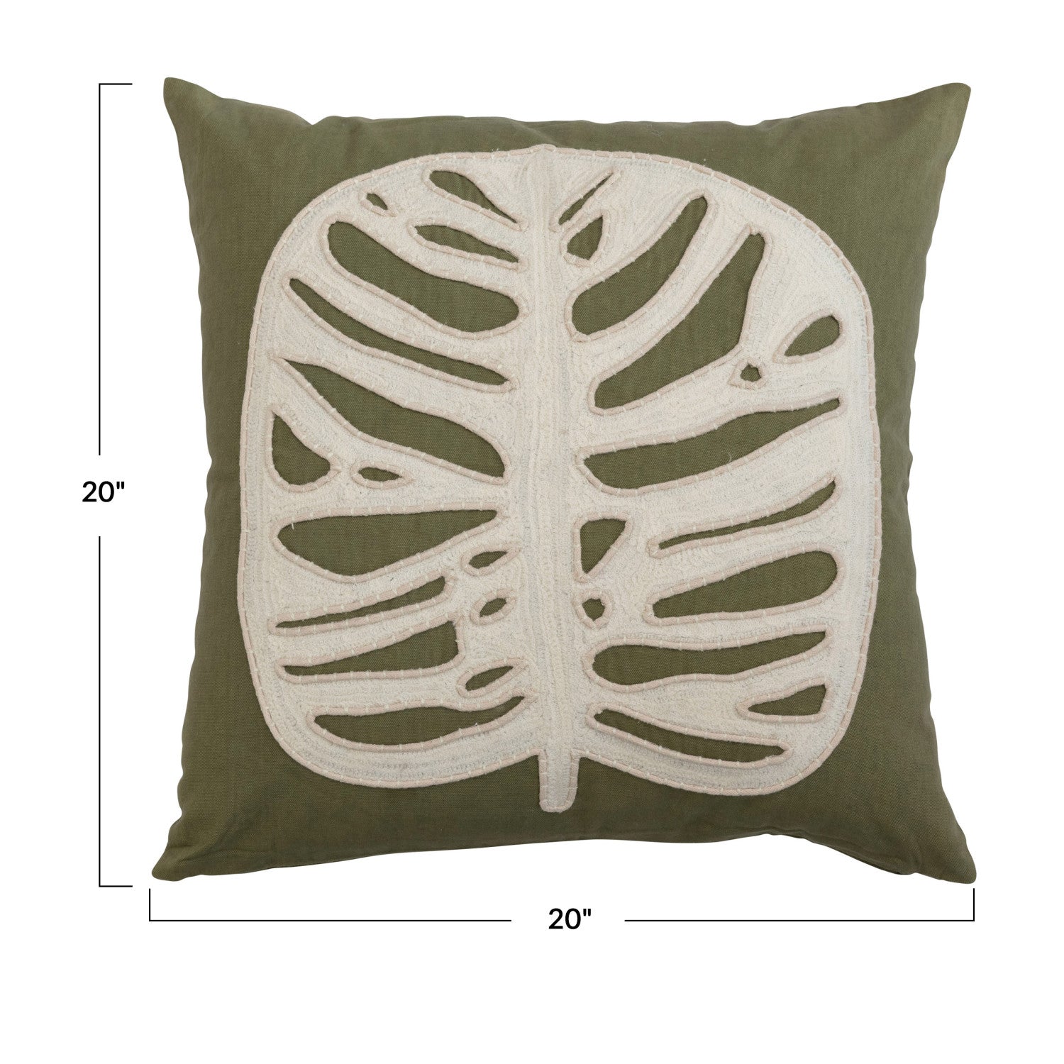 20 inch square cotton pillow in green with cream coloured applique leaf.