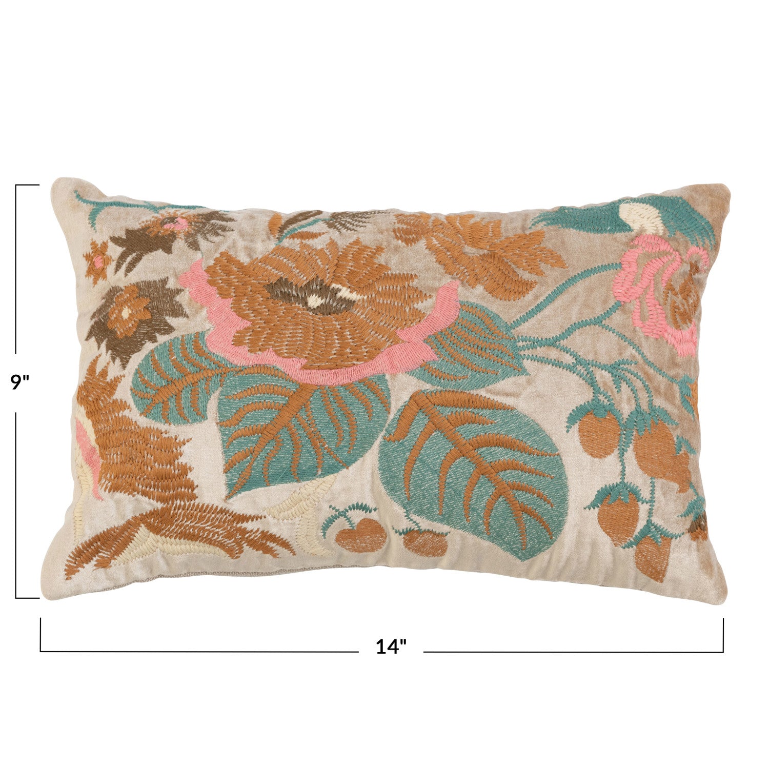 Cotton and Velvet Lumbar Pillow with Floral Embroidery measures 14 inches long by 9 inches high.