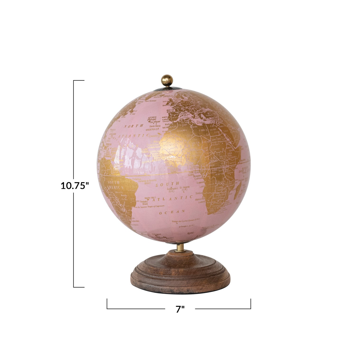 Pink & Gold Globe on Mango Wood Stand measures 10 inches high and 7 inches wide. 