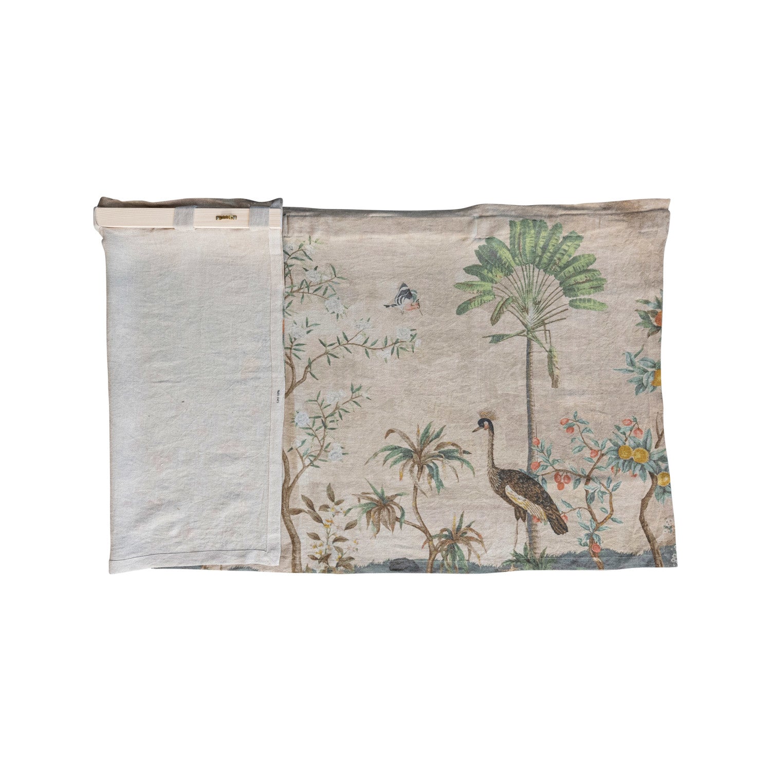Landscape & Birds Linen Printed Wall Hanging includes a folding wood mounting rod. 