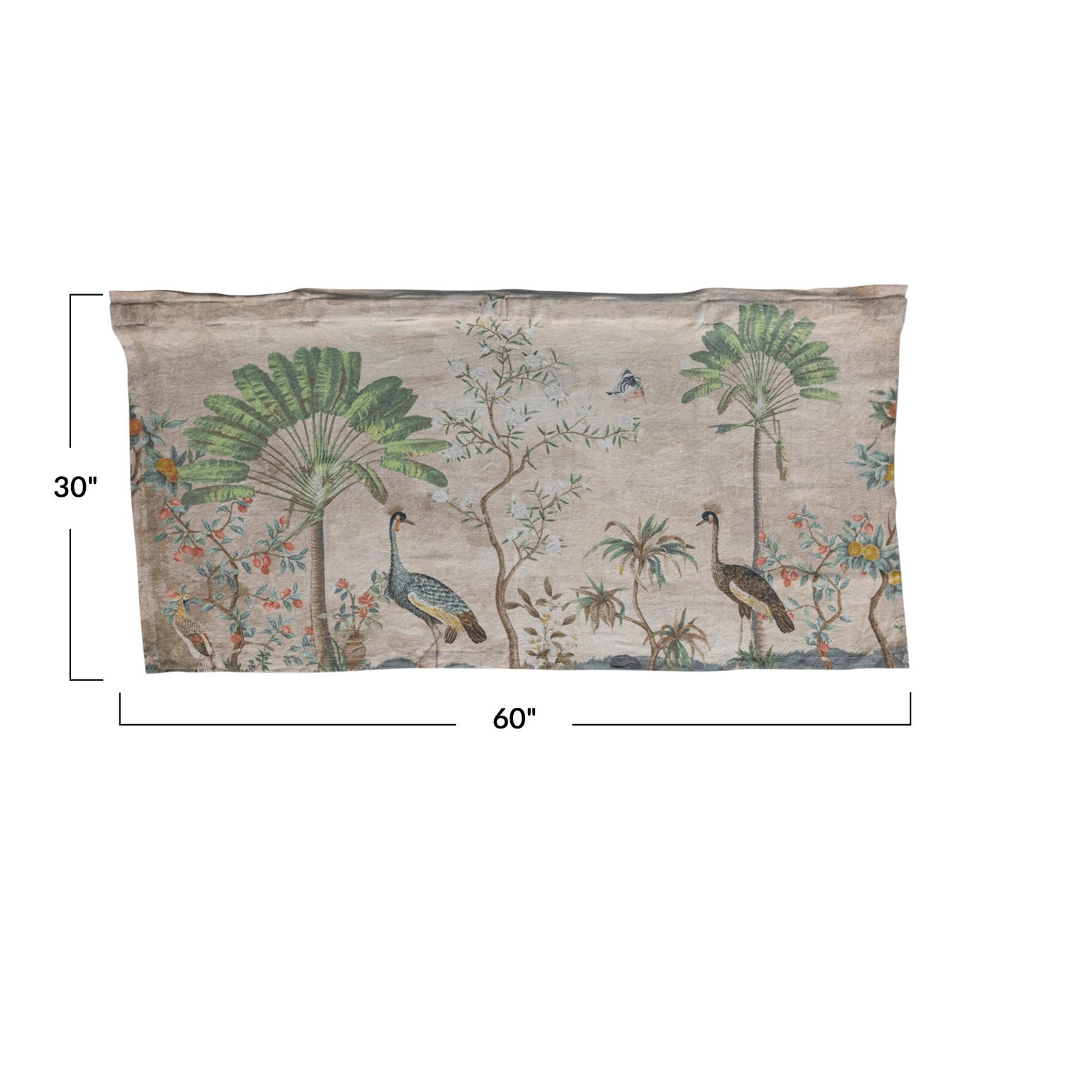 Landscape & Birds Linen Printed Wall Hanging with wood rod measures 60 inches long and 30 inches wide. 