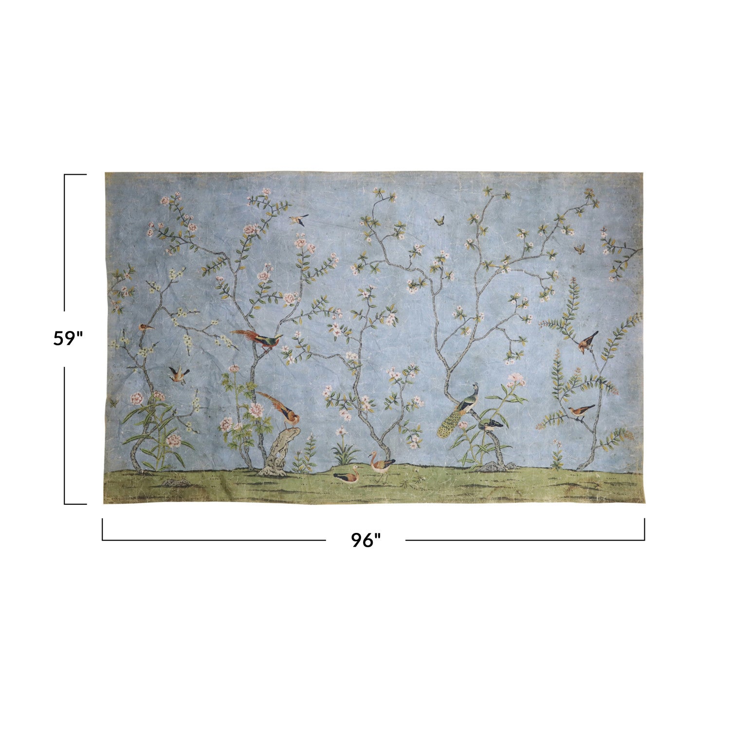 Paper Vintage Reproduction Wall Mural with Trees & Birds measures 96 inches long and 59 inches high. 