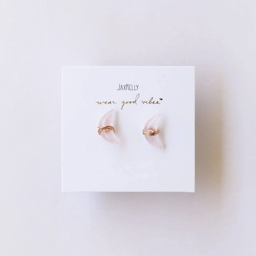 JaxKelly wire wrapped rose quartz moon earrings.