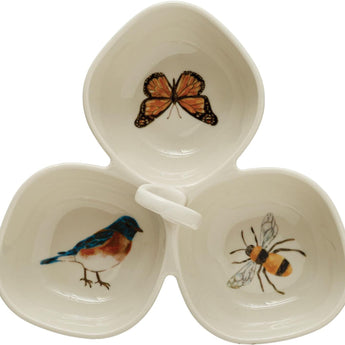 Stoneware Dish with 3 Sections, each has a bird or insert painted on the bottom.