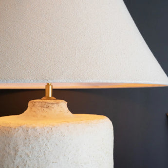 Close up view of the Cylinder Paper Mache Table Lamp with Fabric Shade