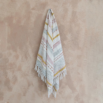 Cotton blend multicolor throw blanket hanging from a hook on the wall.
