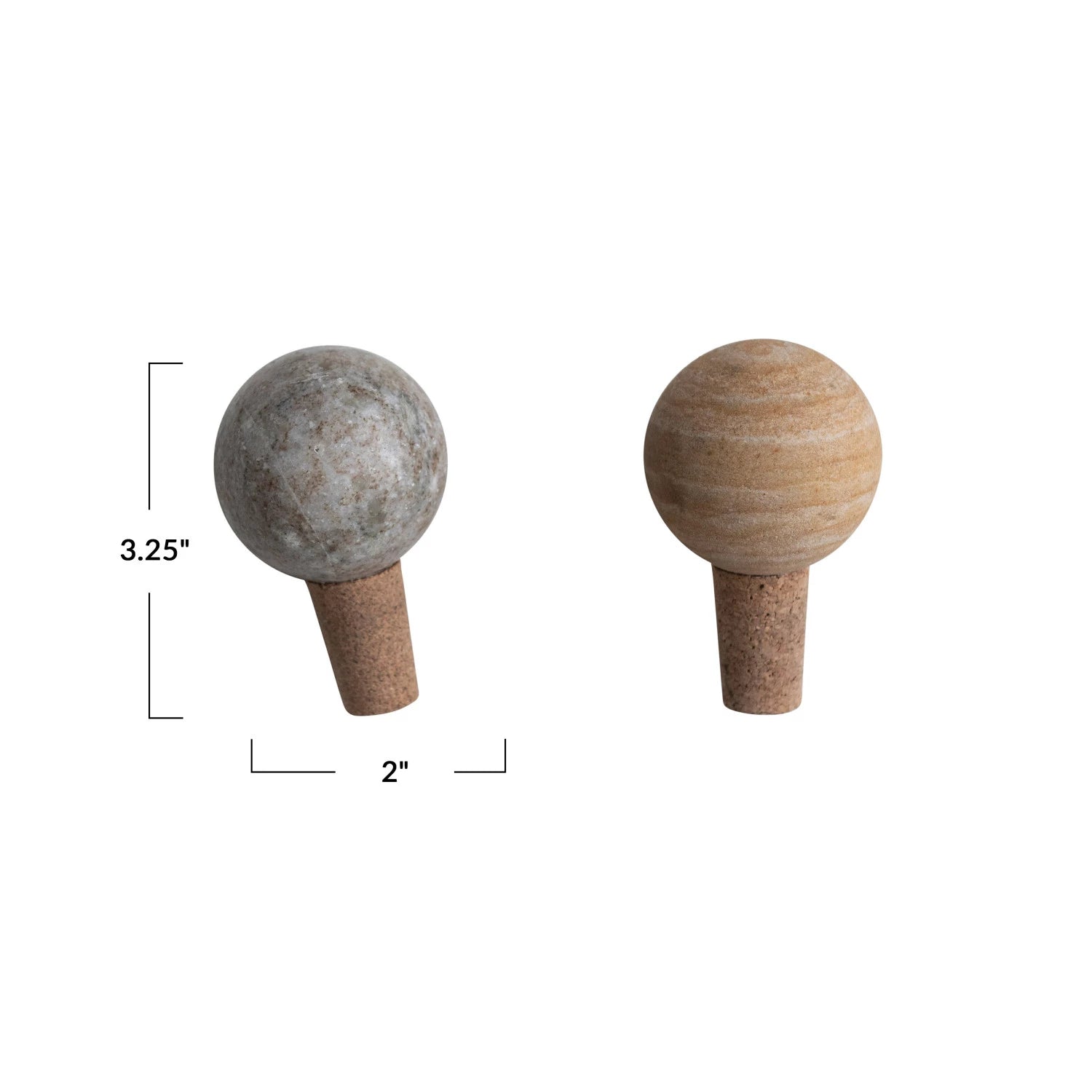 Marble and cork bottle stoppers measure 3 inches high and 2 inches wide. 