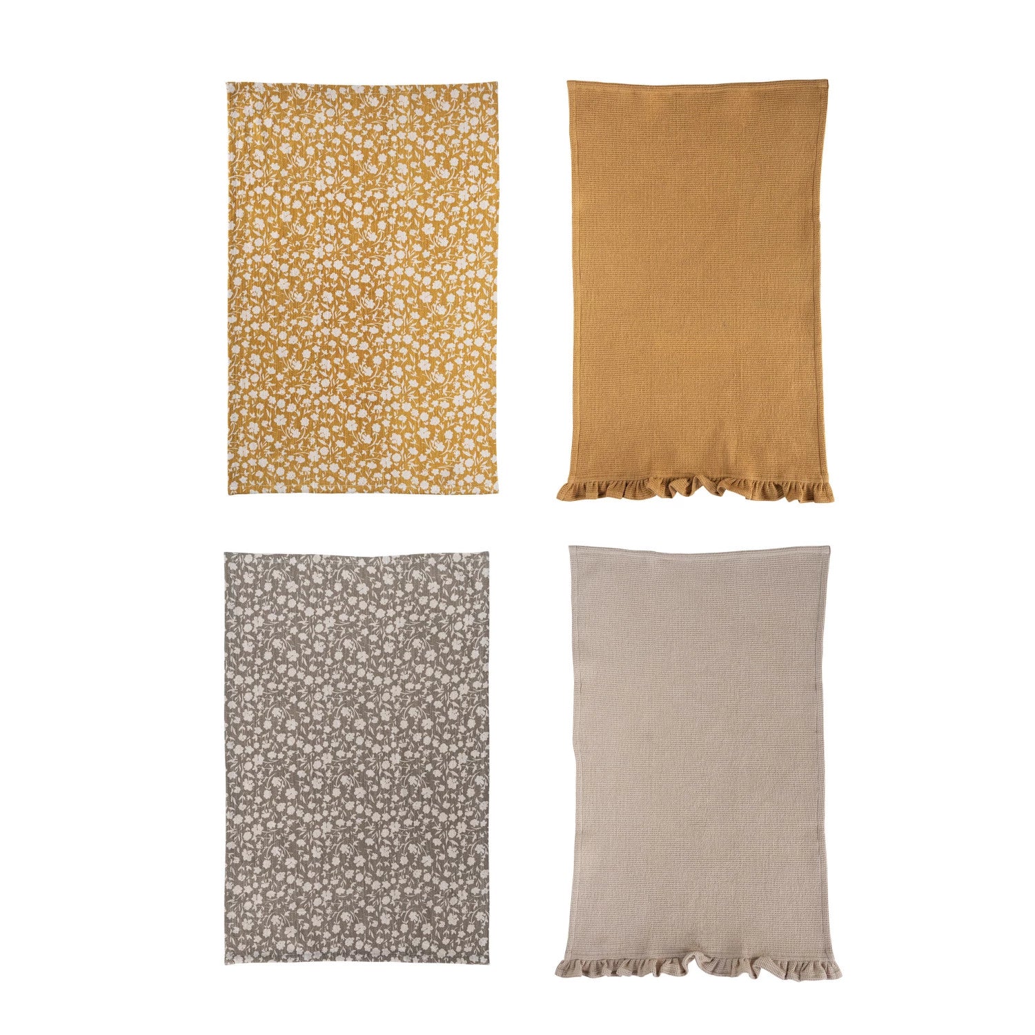 Set of two cotton slub printed and cotton waffle tea towels in the colors mustard and grey.