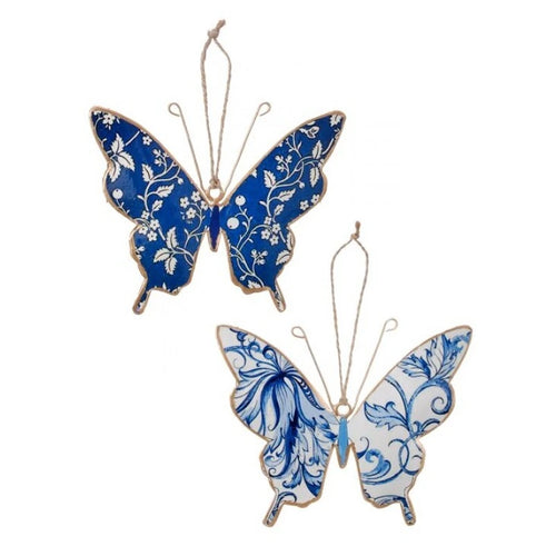 Hanging blue colored metal butterfly decor.