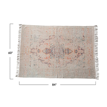 Measurements of the chenille distressed print rug with fringe.