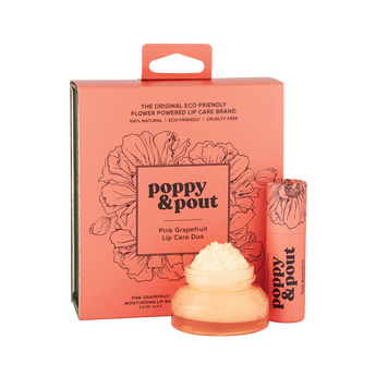 Poppy & Pout Pink Grapefruit Lip Care Duo Set includes a lip balm and lip scrub.