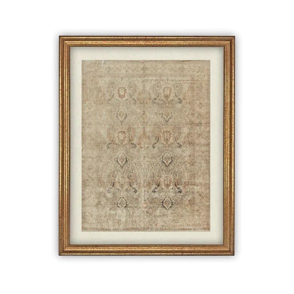 Vintage reproduction artwork of a Persian tapestry in neutral earth tones, in a gold antiqued wood frame.