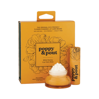 Poppy & Pout Wild Honey lip duo giftset in a honey colored box sleeve. 