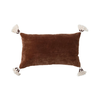 Cotton Velvet Lumbar Pillow with Tassels - Brown & Cream
