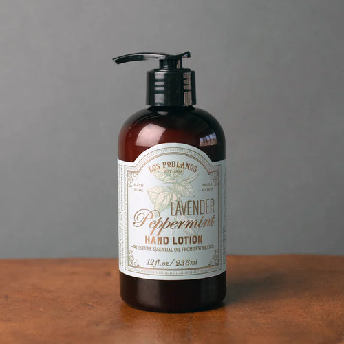 Los Poblanos all natural lavender and peppermint lotion in an amber glass bottle with pump. 