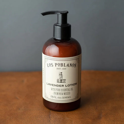 Los Poblanos Lavender Hand and Body Lotion in an amber glass bottle with pump. 
