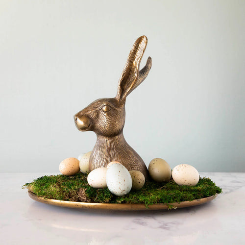 Halcyon Hare Platter with moss and easter eggs. 