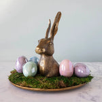 Halcyon Hare Platter as easter display on white marble countertop. 
