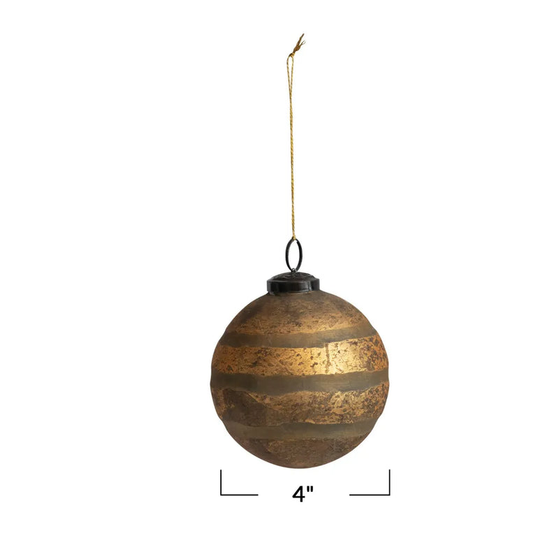 Antique Gold Mercury Glass Ball Ornament with Etched Stripes