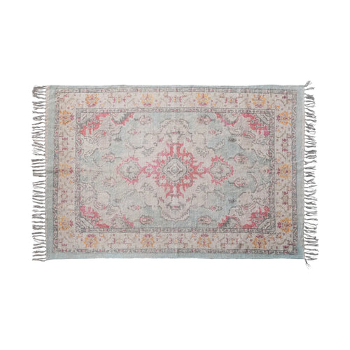 Cotton chenille distressed print rug with fringe.