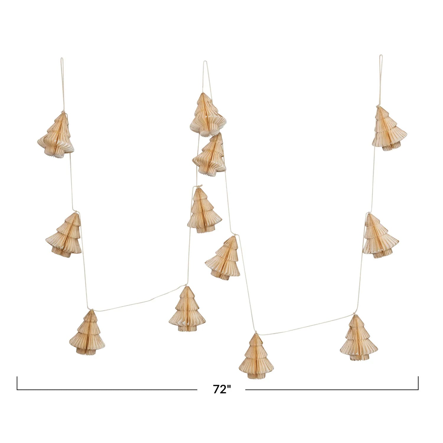 72-inch long garland made of paper trees in off-white and gold.