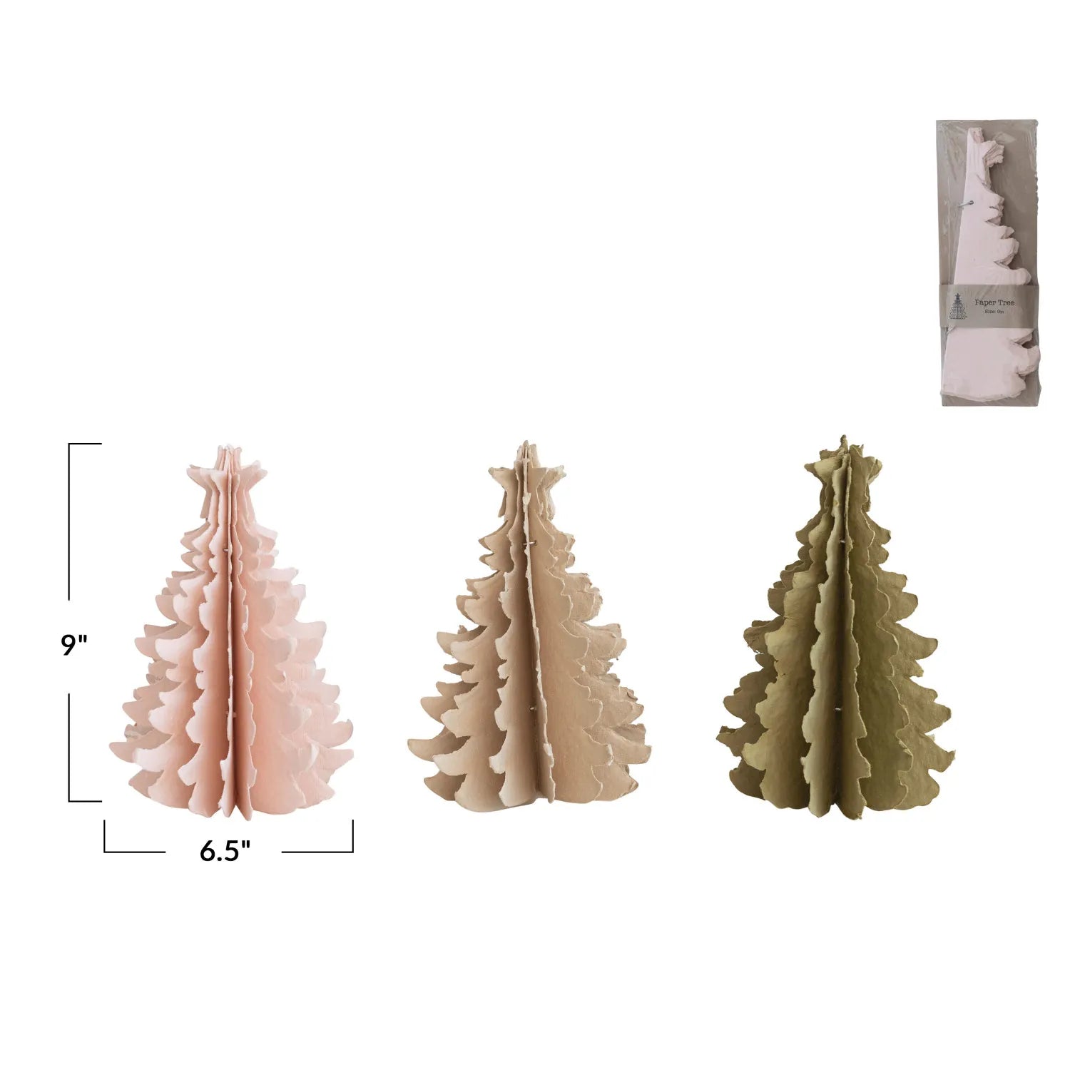 Handmade folding paper tree measurements are 9" high by 6.5" wide. 