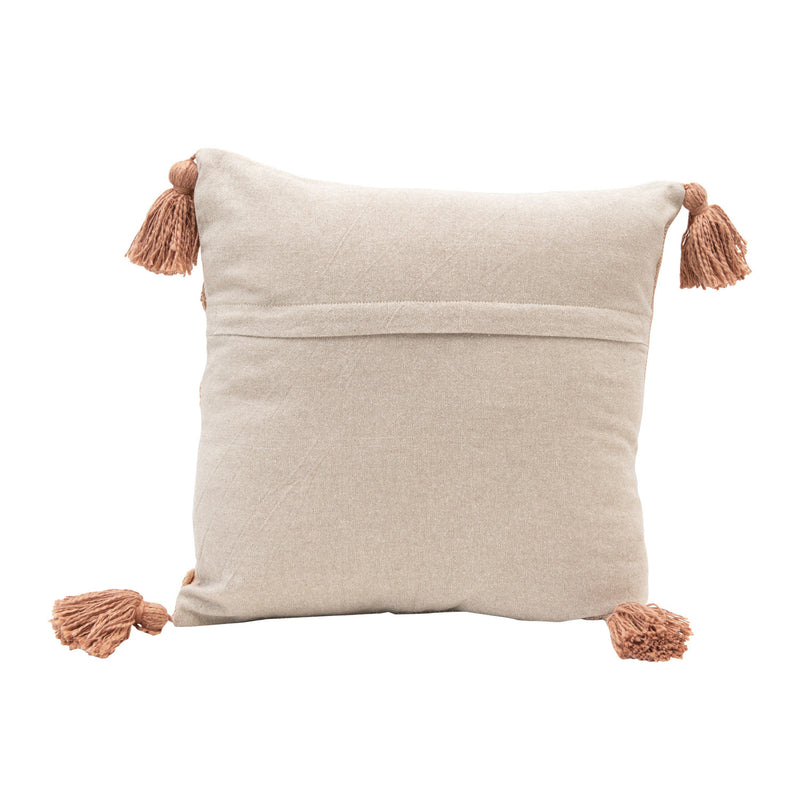 18" Cotton Pillow with Tufted Dots & Tassels, Down Fill