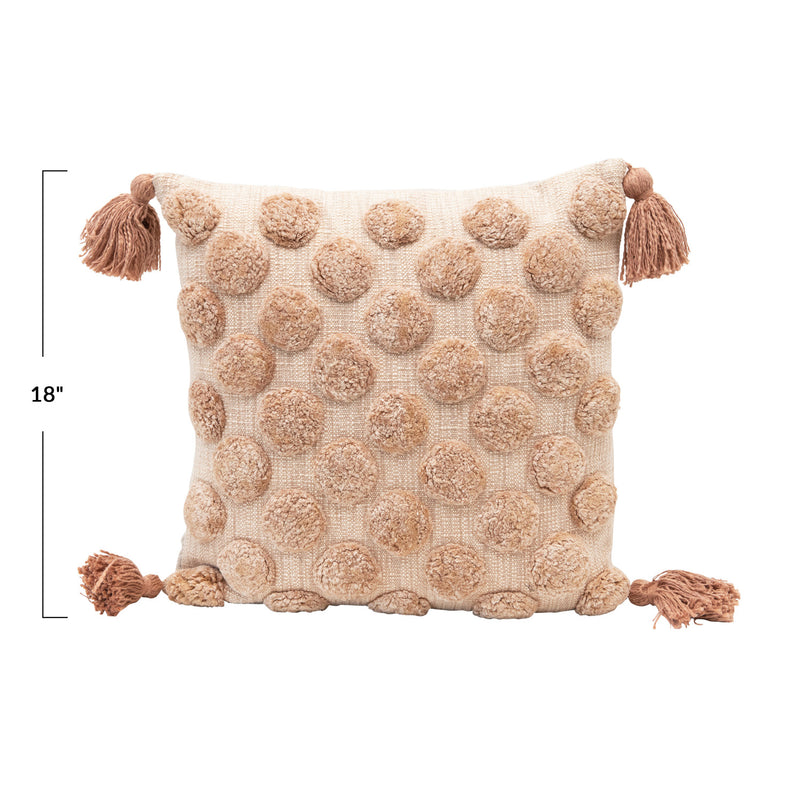 18" Cotton Pillow with Tufted Dots & Tassels, Down Fill