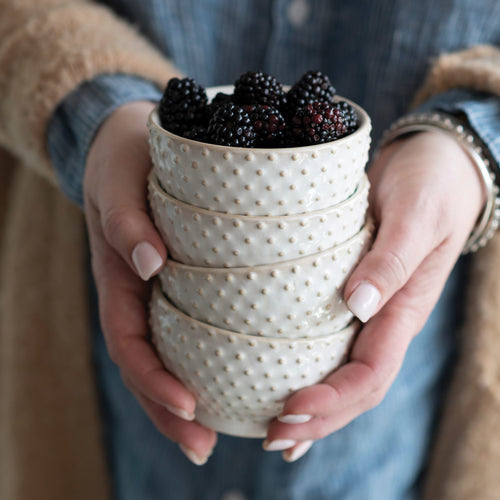 Embossed Stoneware Hobnail Bowl -White