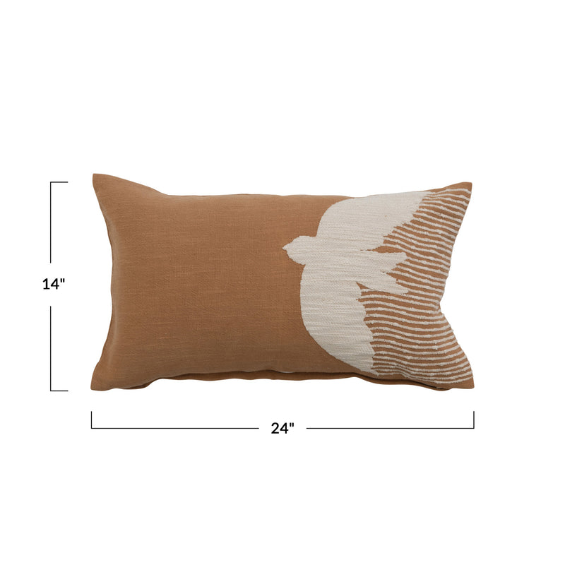 Cotton Lumbar Pillow with Embroidery & Bird