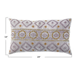 Cotton Velvet Lumbar Pillow with Embroidered Pattern & Chambray Back