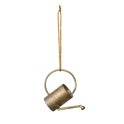 Watering can ornament in antique brass finish with gold hanger. 