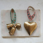 Antique Gold Heart Shaped Metal Bell with Embroidered Door Hanger in red, green and cream. 