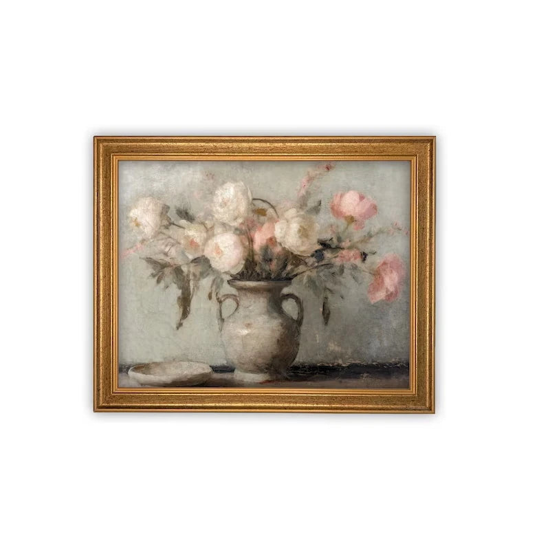 Vintage print of a peony arrangement in a ceramic vase with handles. 