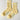 Pair of yellow socks with white stripes and blue text on a light gray background