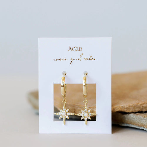 Beautiful gold and sparkly mini hoop earrings with starbursts. 