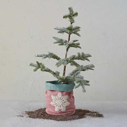 Cotton Chambray Planter with Appliqued Snowflake Design with fir tree set inside. 