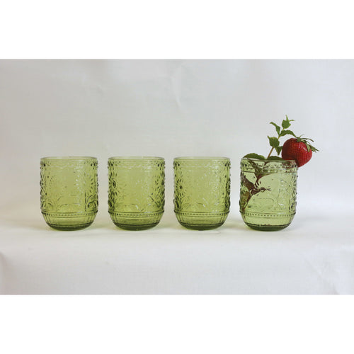 Set of 2, Embossed Drinking Glass 12oz - Green