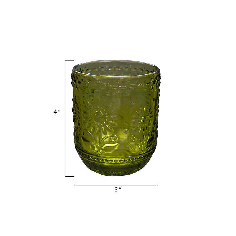 Set of 2, Embossed Drinking Glass 12oz - Green