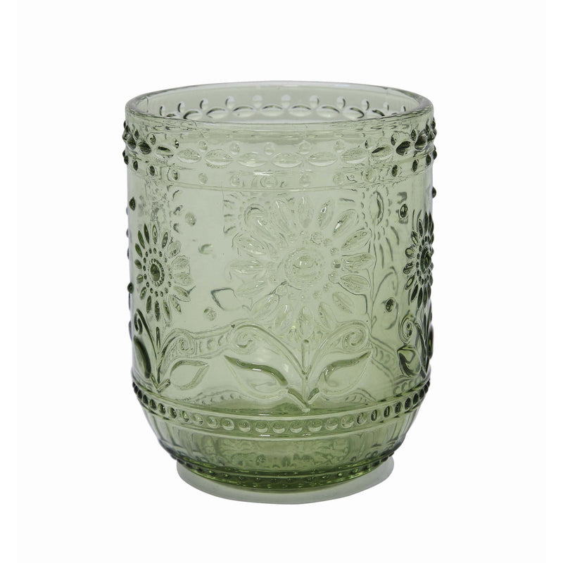 Set of 2, Embossed Drinking Glass 12oz - Green
