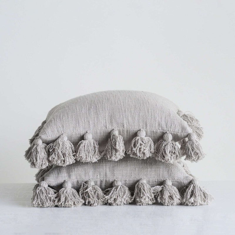 Cotton Pillow with Tassels - Grey (Down Fill)