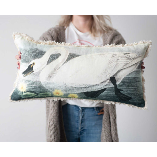 Cotton Lumbar Pillow with Swan & Flowers