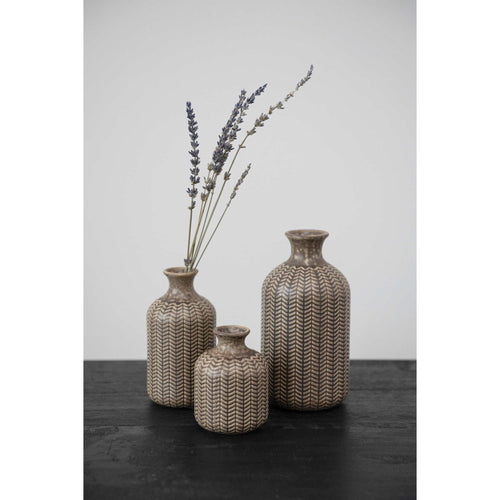Embossed Stoneware Vases with Glaze - Olive Green