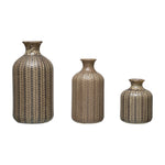 Embossed Stoneware Vases with Glaze - Olive Green