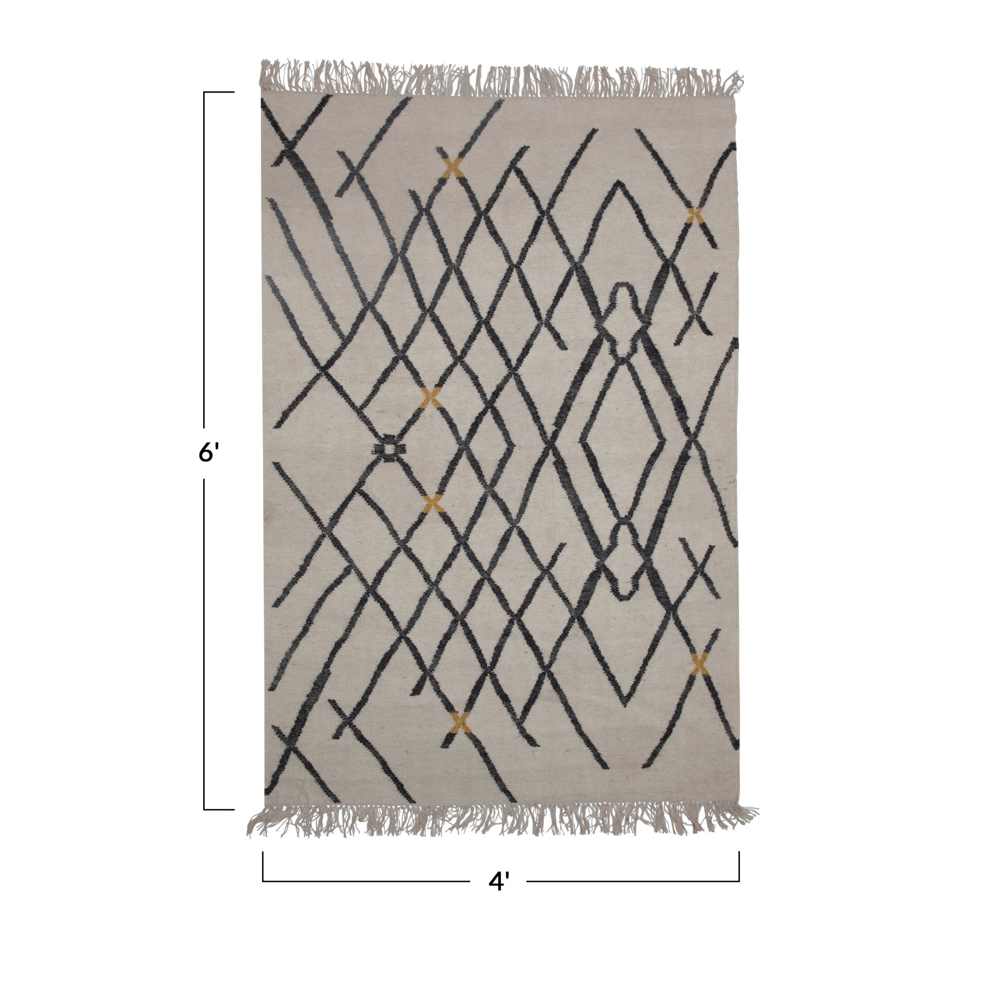 4 feet by 6 feet rug with abstract design in off-white, black and yellow.