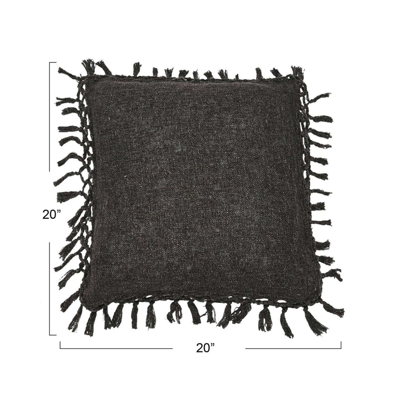 Cotton Slub Pillow with Crochet & Fringe - Black